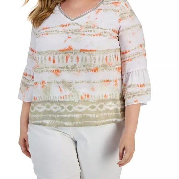 JM Collection Womens Printed Bell Sleeve Top Stone Combo Beige Plus Size 2X - Picture 1 of 7